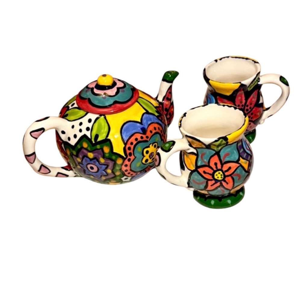 Colorful Hand Painted Floral Ceramic Tea Pot with Lid and Two Tea Cups